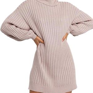 Chic Ribbed Knit Sweater Dress in Soft Pink